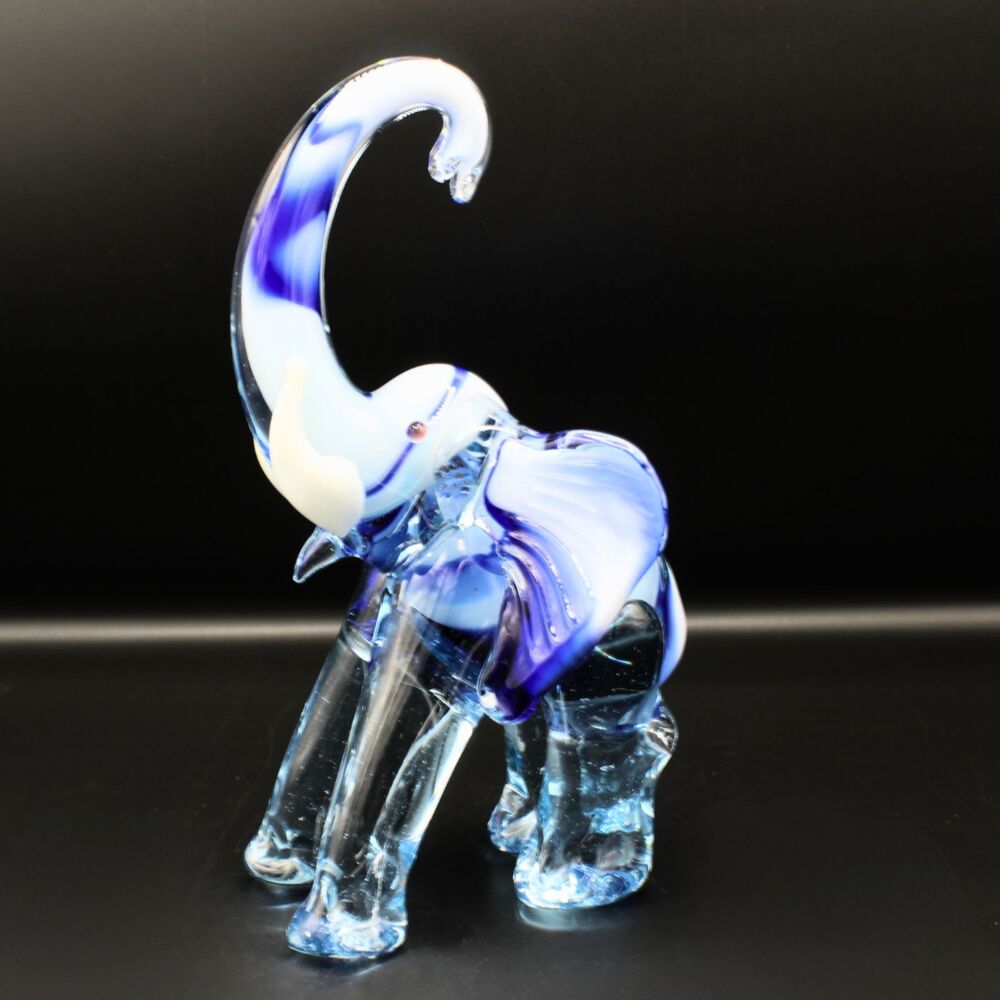 Vintage Art Glass Elephant Figurine Hand Blown Retr0 Blue White Swirl Sculpture